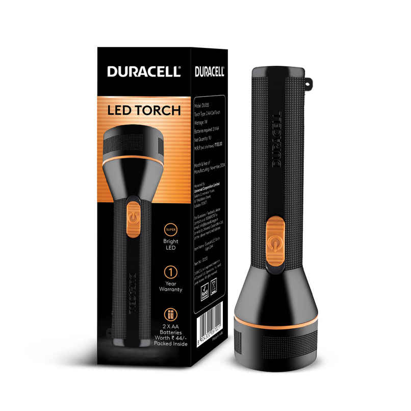 Duracell LED Torch, 6000 LUX Super Bright, Ultra-Light, Easy Carry, Large Reflector, 2AA Free,Black