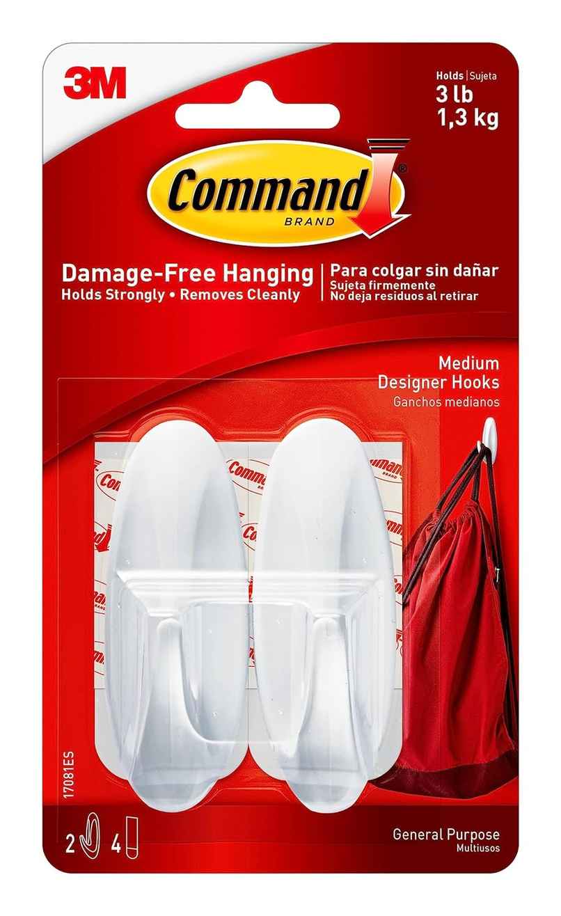 Command Adhesive Damage free Hooks for wall | 2 hooks | 4 strips | Holds Upto 1.3 kg