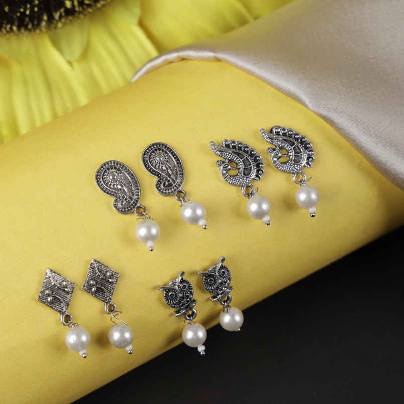 Abhinn Oxidized Silver Pearl Stud Earrings Combo