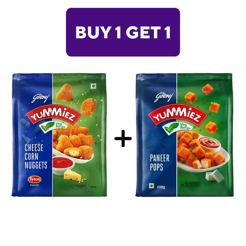 Godrej Yummiez Cheese Corn Nuggets (400g) & Godrej Yummiez Paneer Pops | Frozen Party Snack (200g) Combo
