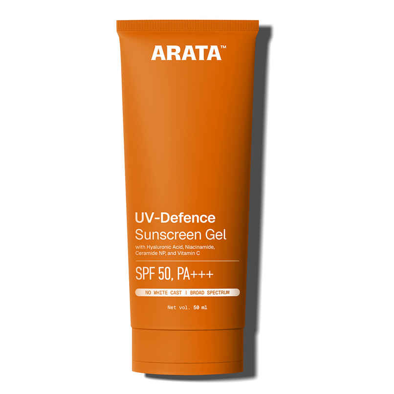 Arata UV-Defence SPF 50, PA+++ Sunscreen Gel with Hyaluronic Acid, Niacinamide, Ceramide & Vitamin C Arata UV-Defence SPF 50, PA+++ Sunscreen Gel with Hyaluronic Acid, Niacinamide, Ceramide & Vitamin C