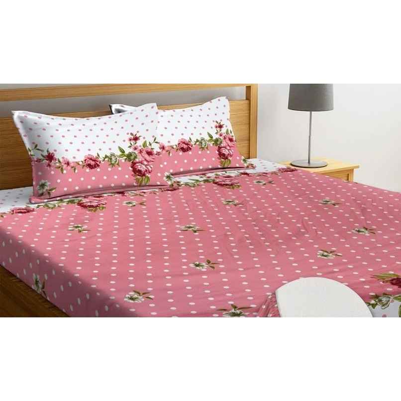 Swadeshi Style Elastic Fitted Double Cotton Floral Bedsheet, 2 Pillow Covers | Pink&White | 78x72in