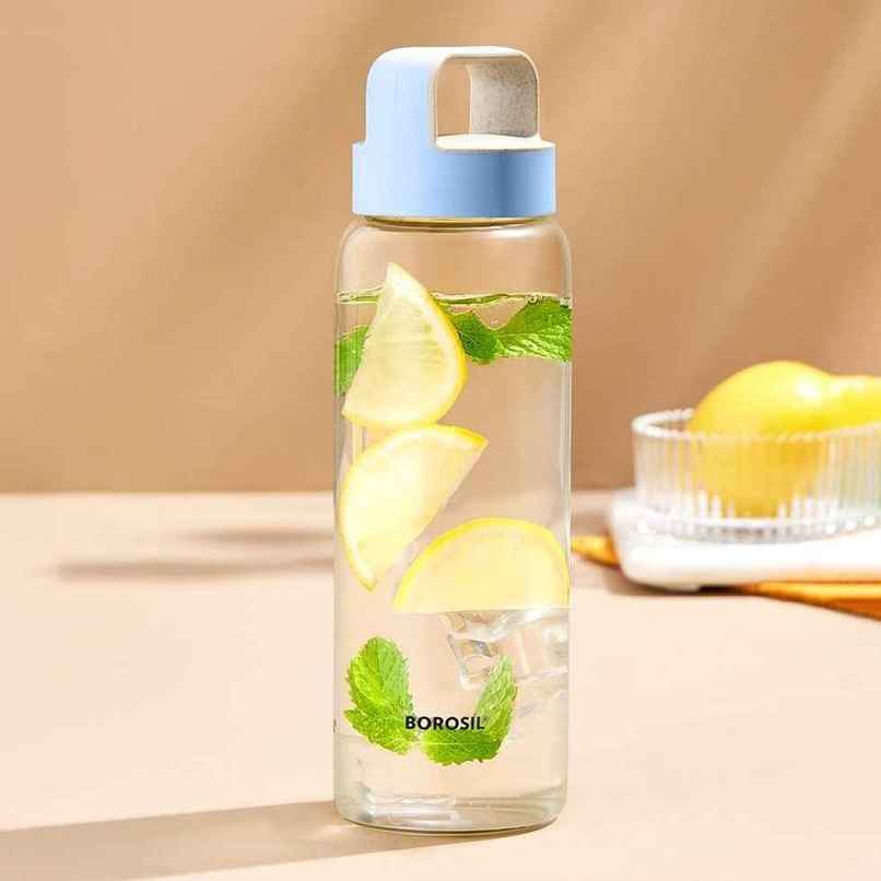 Borosil Borosilicate Glass Crysto Water Bottle With Blue Lid | Blue and Clear | 750 ml