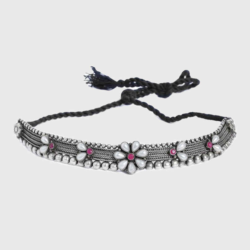 Rubans Oxidised Silver Plated Floral Design Pink Stone Studded Antique Choker Necklace