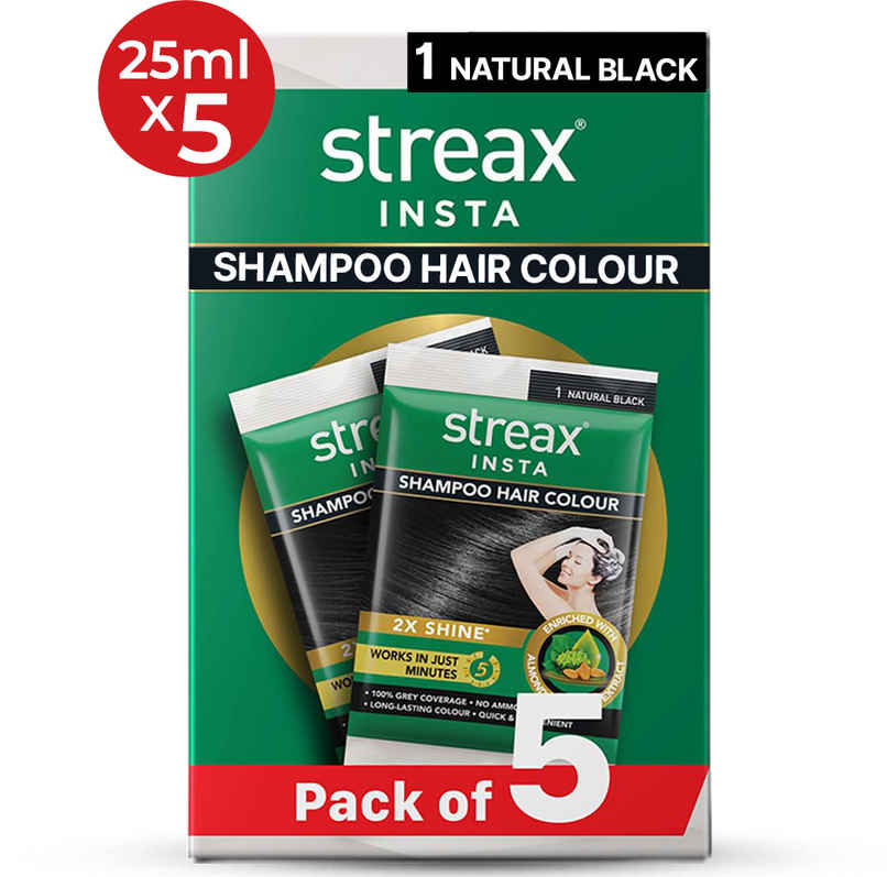 Streax Insta Shampoo Hair Colour for Women and Men- Natural Black | 100% grey coverage in 5 mins