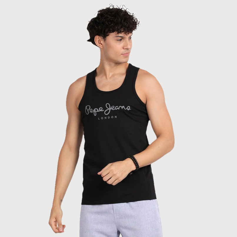 Pepe Jeans Mens Black Cotton Solid Gym Vest  - Pack of 1 (XL) Comfort Fit, Soft Fabric, Breathable