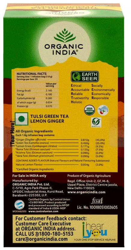 Organic India Tulsi Green Tea Bag Lemon Ginger