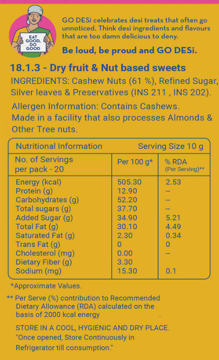 Premium Kaju Katli, 61% Cashew | Burfi | Kaju Katri | Sweets by GO DESi