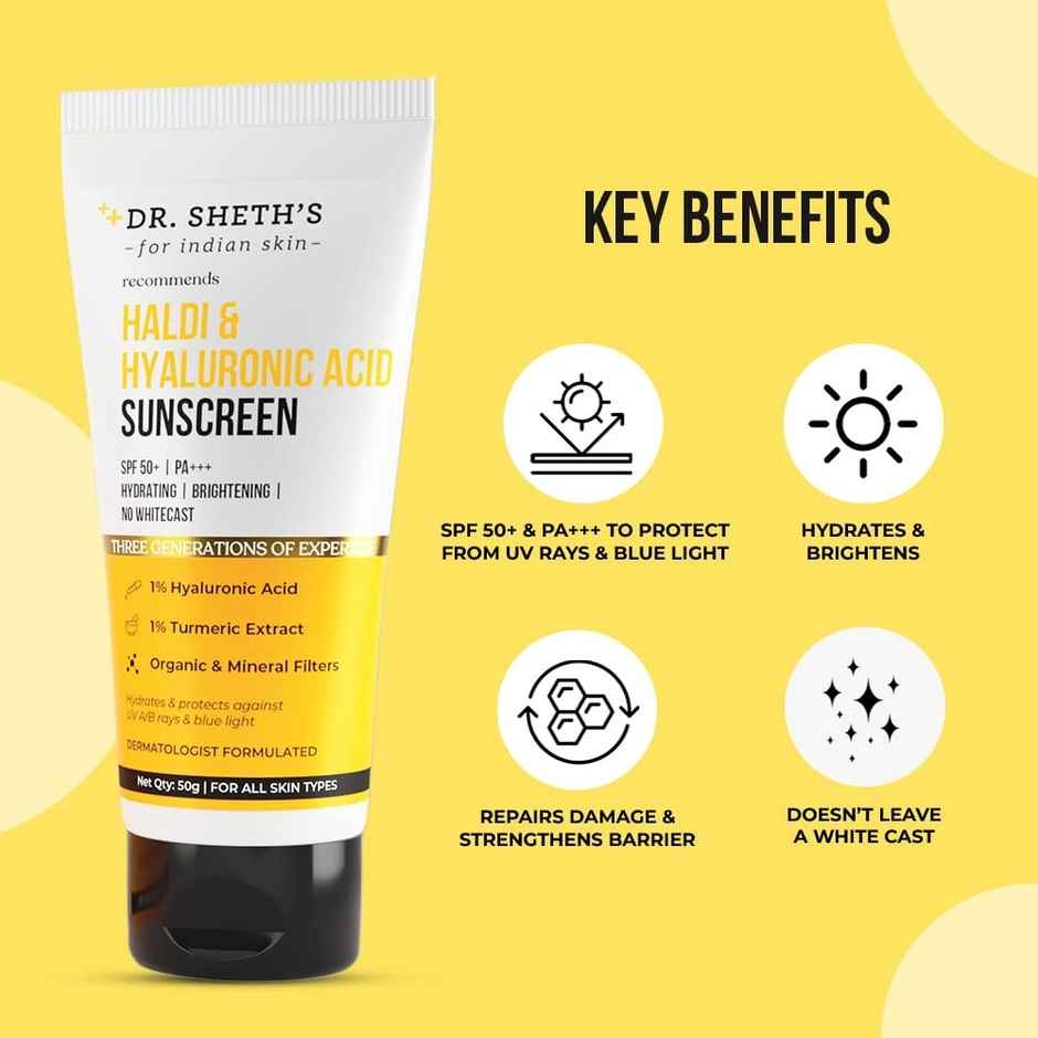 Dr. Sheth'S Haldi & Hyaluronic Acid Sunscreen Spf 50+ Pa+++ For All Skin Type