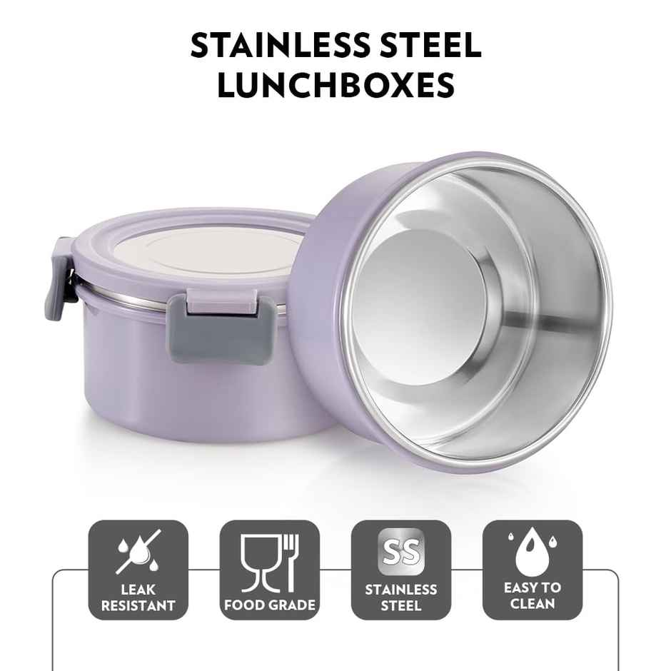 Borosil Glory Lavender Stainless Steel Lunchbox, 3pcs Set (280ml x 2 + 460ml x 1) + 1Bottle