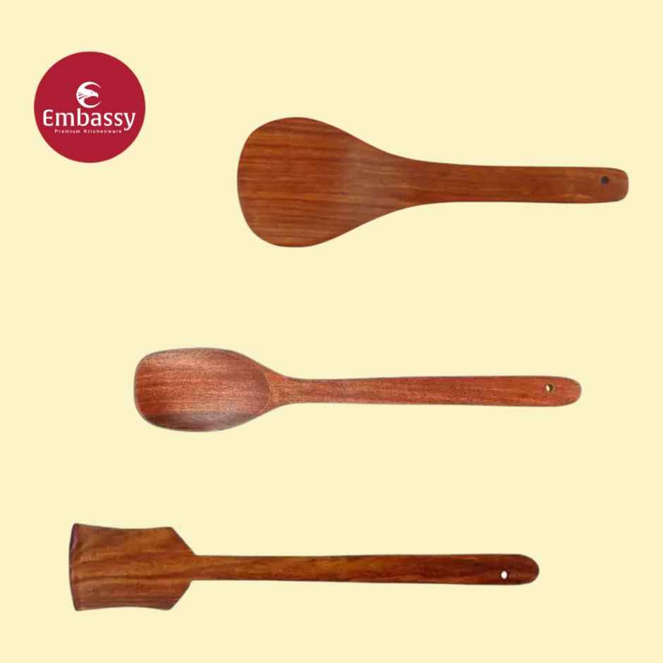 Embassy Wooden Spoon Set (Spatula, Rice, Long Serving Spoon) - For Dosa, Serving Rice, Dal, Gravy
