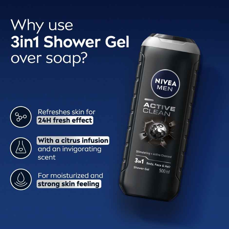 Nivea Men Active Clean Shower Gel (500ml) & Engage M1 Perfume For Men, Citrus & Woody Fragrance Scent, Skin Friendly (120ml) Combo