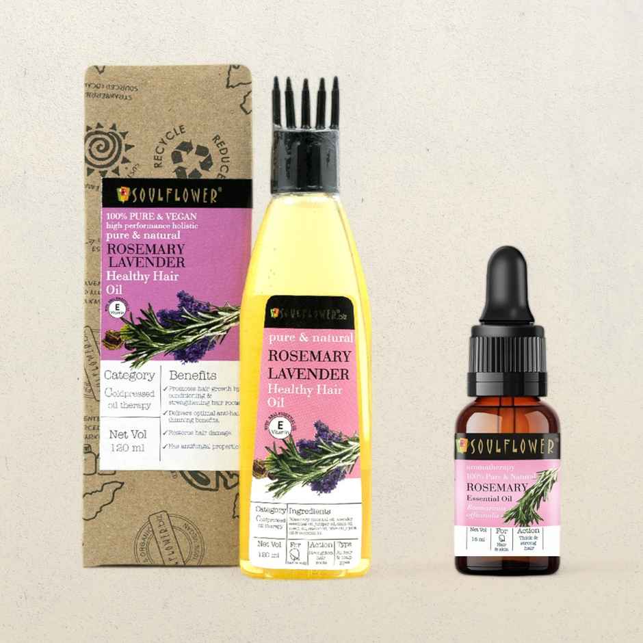 Soulflower Pure And Natural Rosemary Lavender Healthy Hair Oil(120ml) & Soulflower Rosemary Essential Oil(15ml) Combo