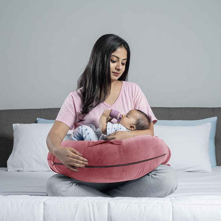 Nursing Pillow For Feeding & Baby Care | Super Soft & Machine Washable Velvet Cover | Pink