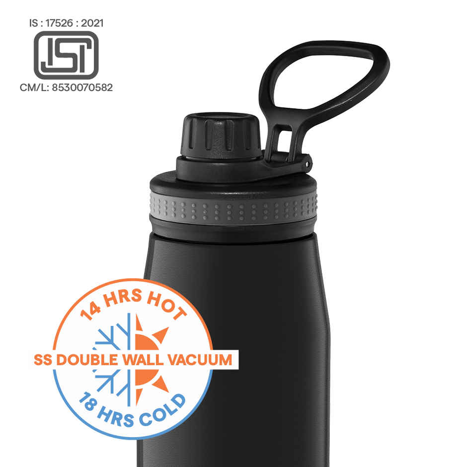 Borosil GoSports Stainless Steel Wate Bottle | 900 ml | Black | Double Wall Vacuum Insulated Flask