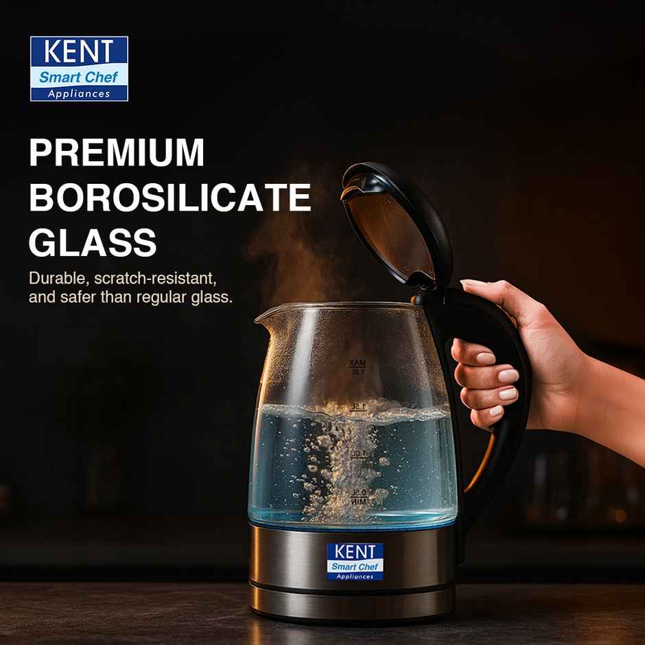 Kent Elegant Electric Glass Kettle 16052 1.8L Stainless Steel Heating Plate Borosilicate Glass Body