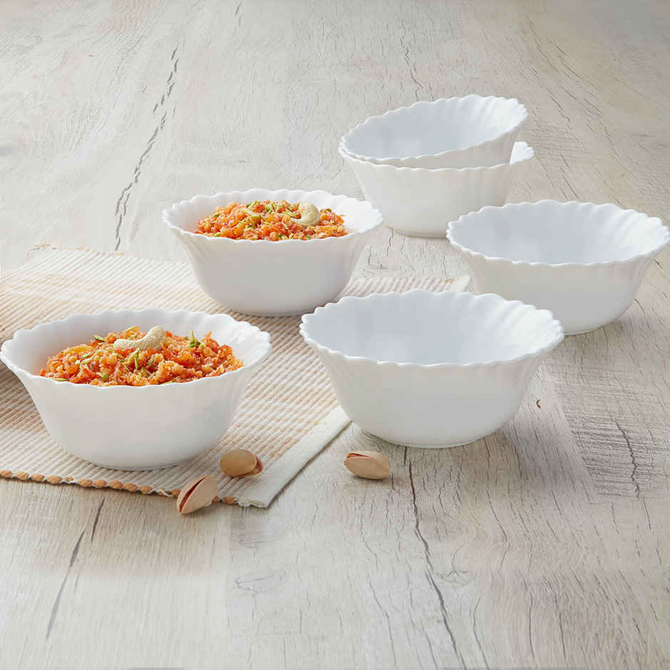 Larah By Borosil Opalware 4.2" Inch (210Ml) 6 Pc Veg Bowl Set, Crockery Set For Daily Use & Gifting