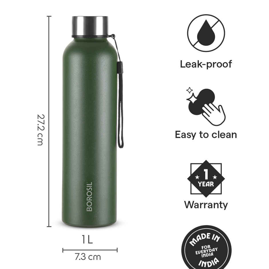 Borosil Laguna Single Wall Stainless Steel Water Bottle | Green | 1 L