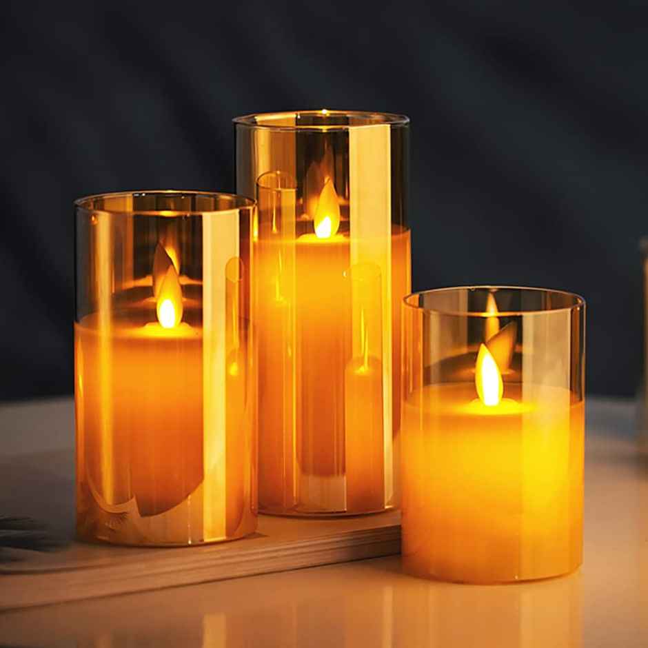 DesiDiya Flameless LED Candles Set of 3 Remote Control Acrylic Glass Candle Flickering Flame