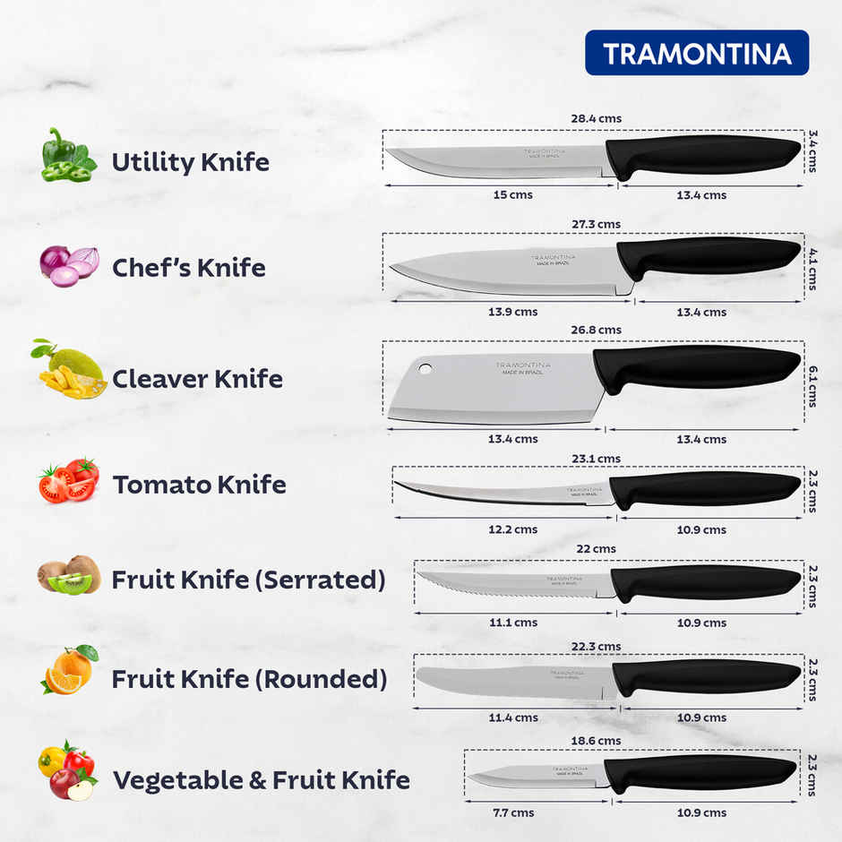 Tramontina Plenus Stainless Steel Tomato Knife/, 12cm/4.7 inch | Black | Micro-Serrated Edge/Wavy/Serrated Edge Knife | Polypropylene Handle | Dishwasher Safe | 5 Year Warranty | Made in Brazil