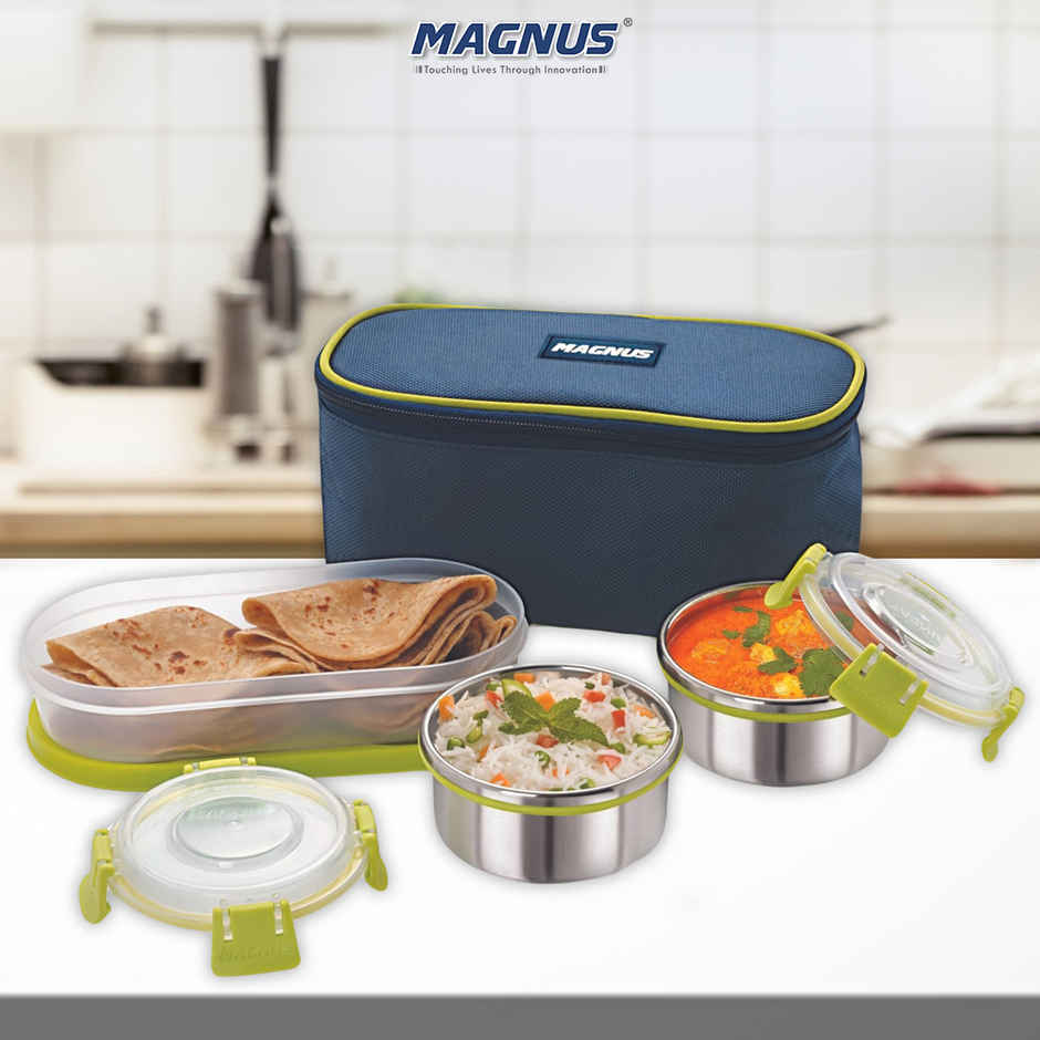 Magnus Avanza 3 Steel Leakproof Lunch Box for School with Klip Lock Lid & Insulated Tiffin Bag