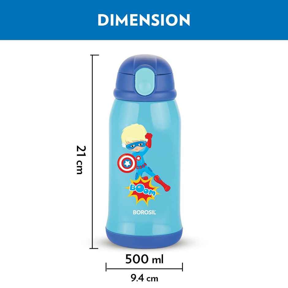 Borosil Stainless Steel Superhero Bottle | Blue | 500 ml