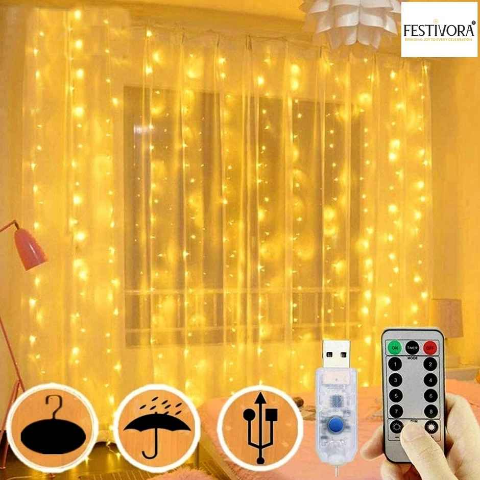 Festivora 240 LEDs Warm White Curtain String Lights - 3x3 Ft, USB Operated Lights for decoration