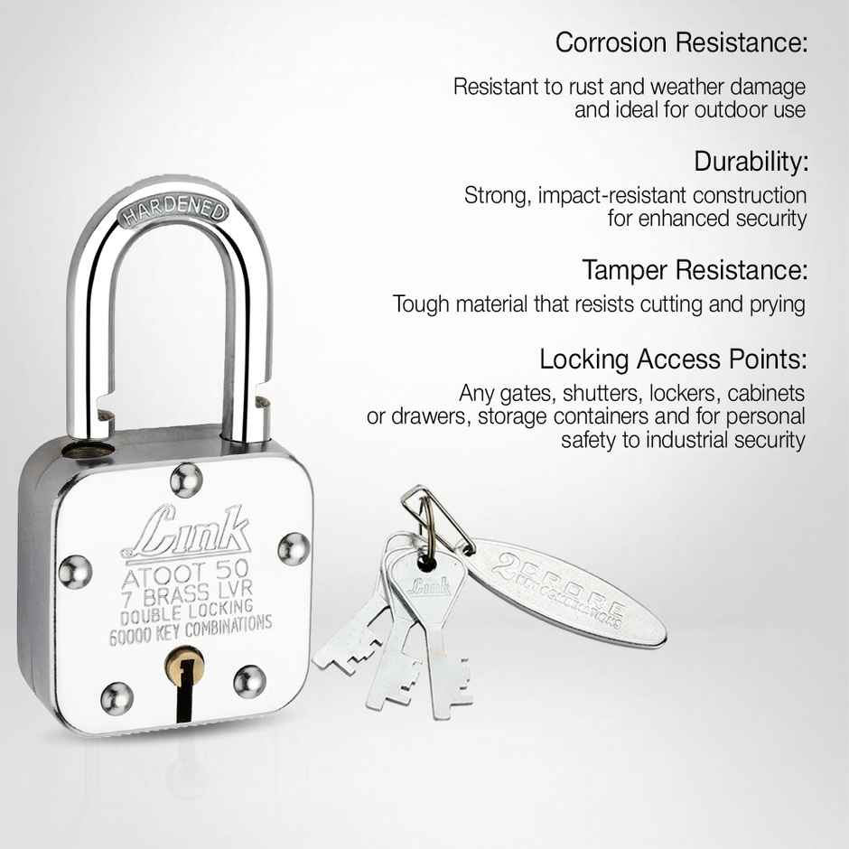 Link Stainless steel Brass Levers With Hardened Shackle Atoot 50 mm padlock with 3 Keys