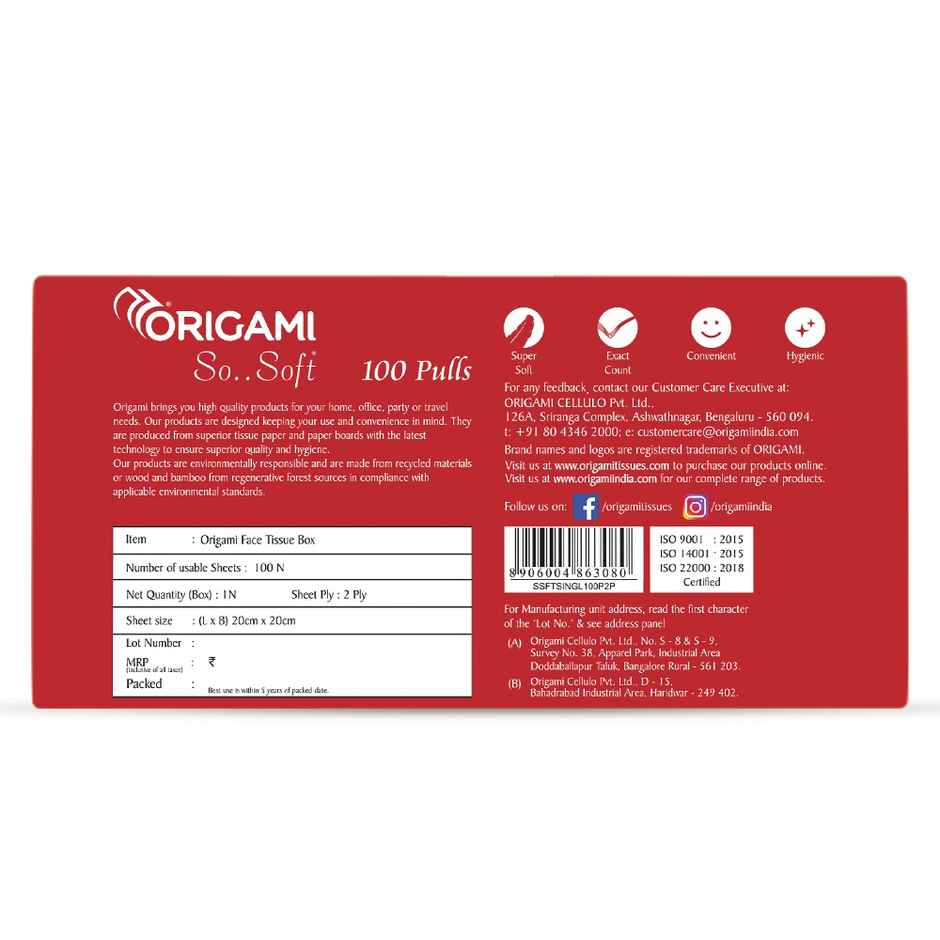 Origami 2Ply So Soft Facial Tissues Box Gentle & Absorbent - Pack of 4, 100 Pulls Per Box