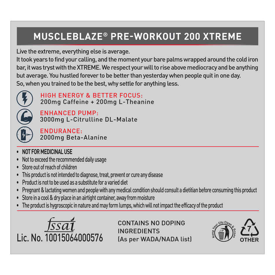 MuscleBlaze Pre Workout 200 Xtreme (Fruit Punch, 30 Servings)