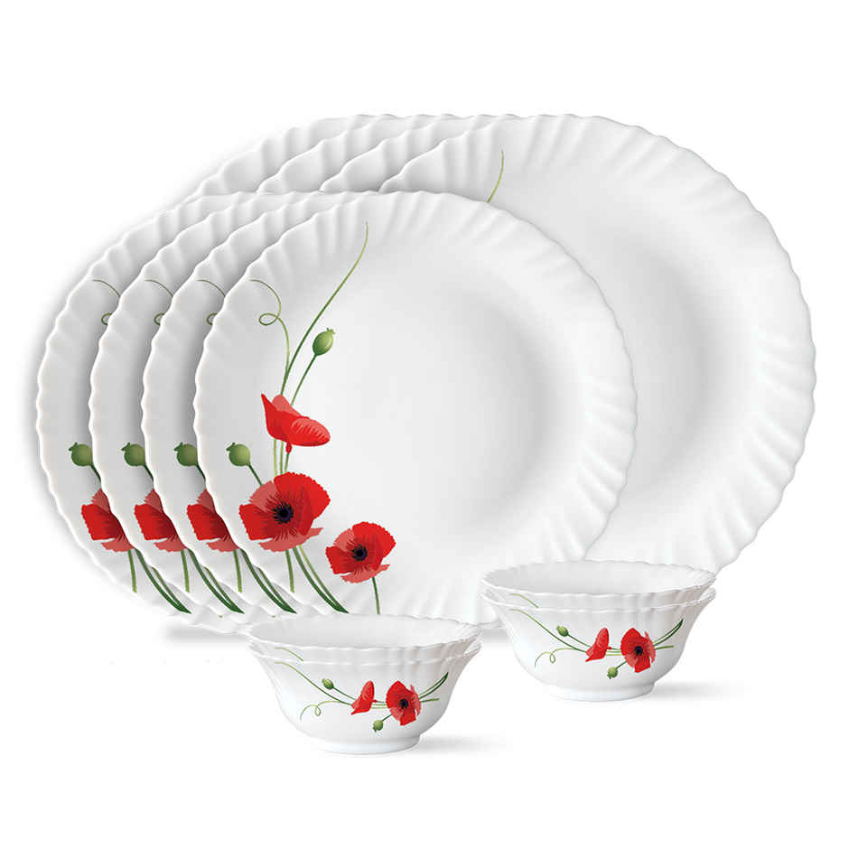 Larah By Borosil Red Carnation 12Pc Dinner Set Opalware Crockery For Dining & Gifting - White