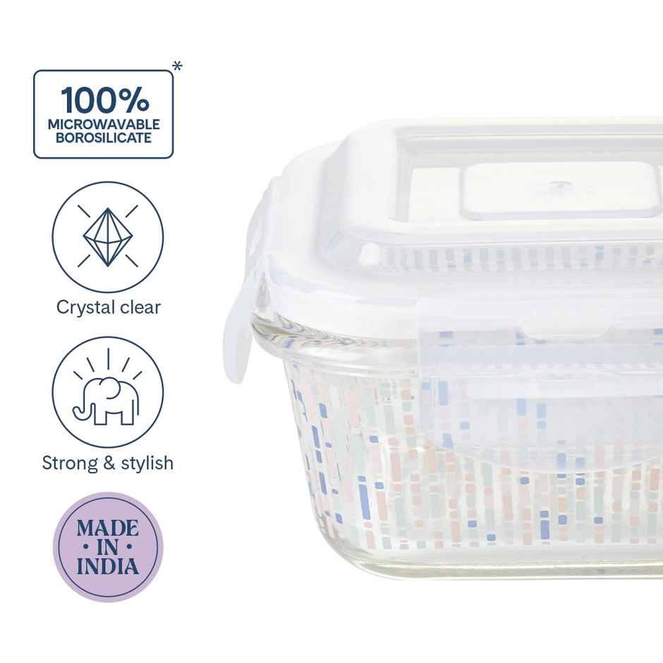 Larah Glassware Vogue Borosilicate Glass Lunchbox 3pc Square Container Set | 320ml | Microwave Safe