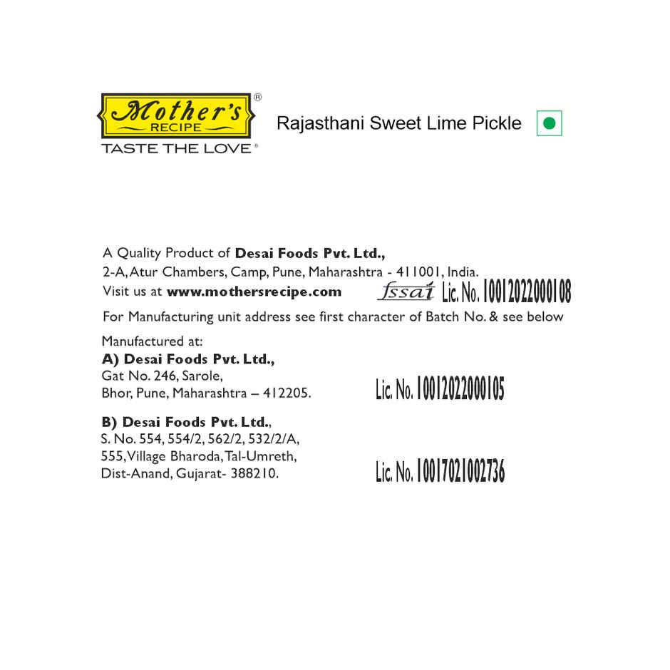 Mother's Recipe Pickle - Rajasthani Sweet Lime 