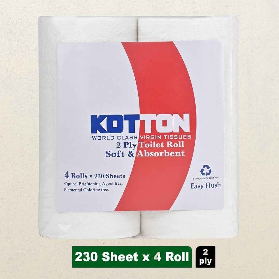 Kotton Toilet Roll - 2 Ply -100% Virgin Pulp/Paper, Pack of 4 ,230 sheets