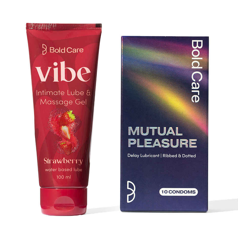 Bold Care Vibe - Strawberry Flavoured Water-Based Intimate Lube (100ml) & Bold Care 404 Mutual Pleasure Condoms For Men (Pack Of 10) (10pc) Combo