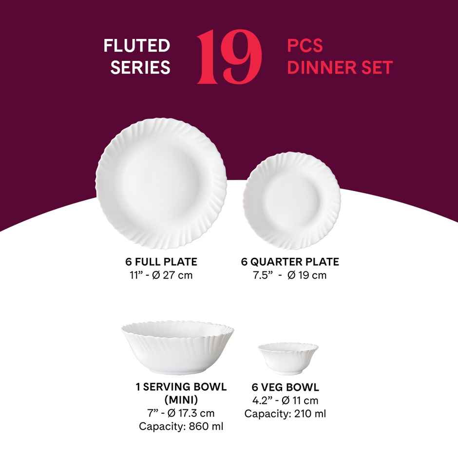 Larah By Borosil Green Herbs 19Pc Dinner Set Opalware Crockery For Dining & Gifting - White