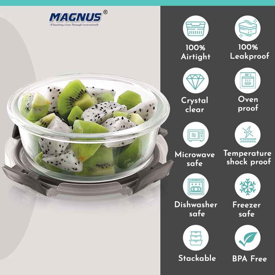 Magnus Glock 400 ml Round Grey Container with Airtight Lid & Detachable Lock, Borosilicate Glass