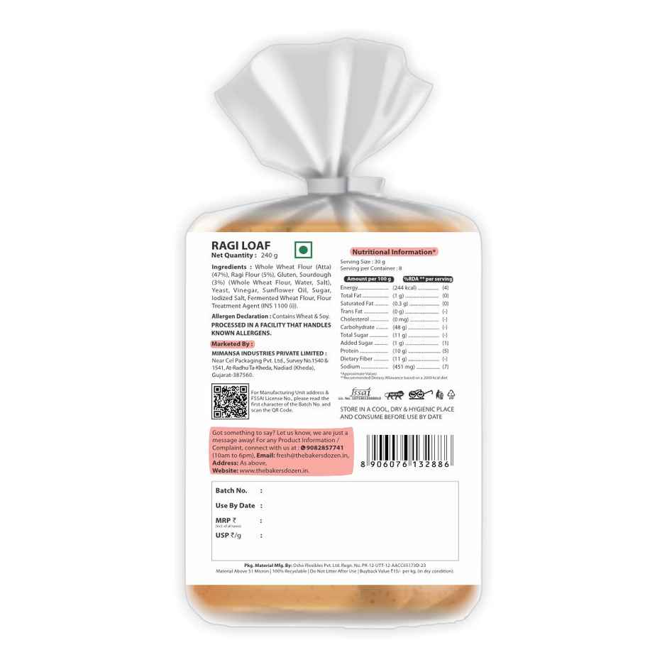 The Baker's Dozen Zero Maida Ragi Bread | Atta Bread (Not Brown) | Sandwich Bread | Healthy bread