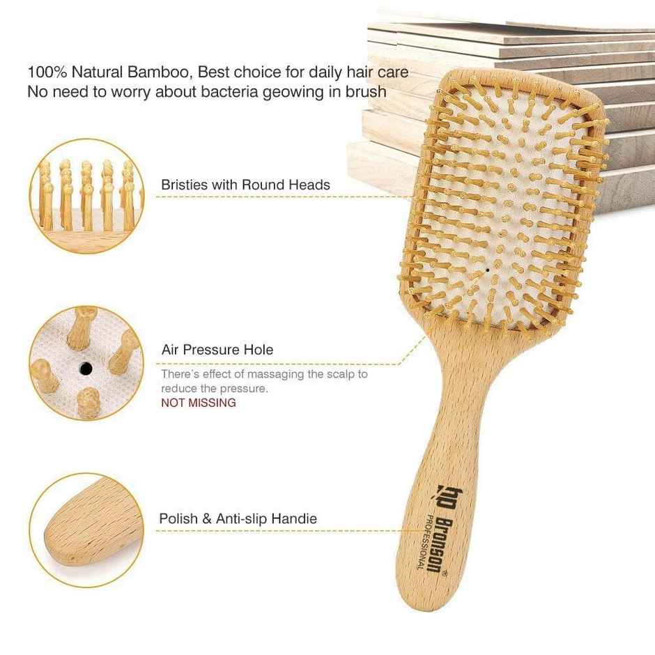 Bronson Professional Paddle Hair Brush Wooden With Bamboo Wood Bristles