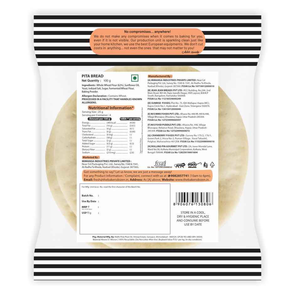 The Baker's Dozen Zero Maida Pita Bread |Whole wheat|Made with Gut Friendly Sourdough|Zero Palm Oil