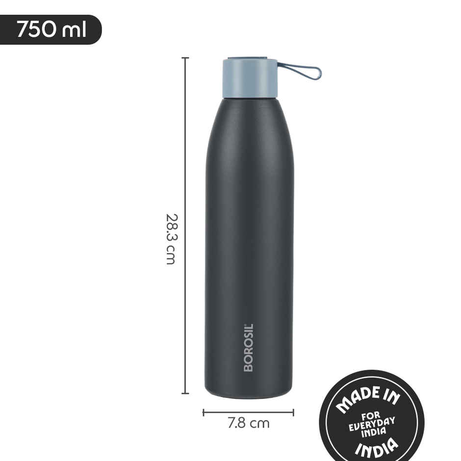Borosil Duomate Double Wall Vacuum Insulated Stainless Steel Bottle | Black | 750 ml