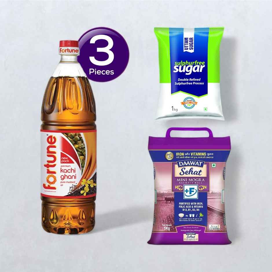 Fortune Kachi Ghani Mustard Oil (Bottle)(1 l), Uttam Sugar Sulphurless Sugar(1 kg) & Daawat Sehat Mini Mogra Rice (Broken)(5 kg) Combo