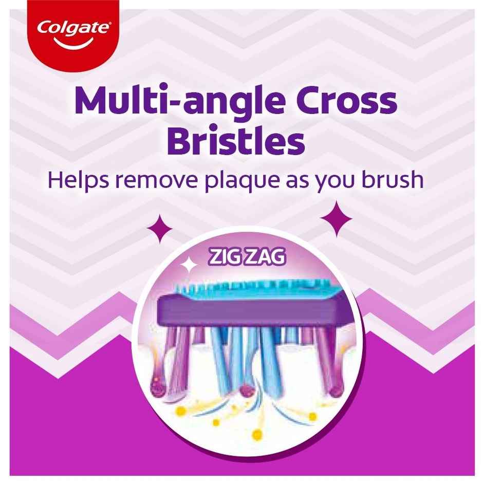 Colgate Zigzag Medium Bristle Toothbrush, Compact Brush Head For Deep & Complete Cleansing (3pc) & Colgate Visible White Purple Toothpaste | Color-Corrects Yellow Tones (120g) Combo