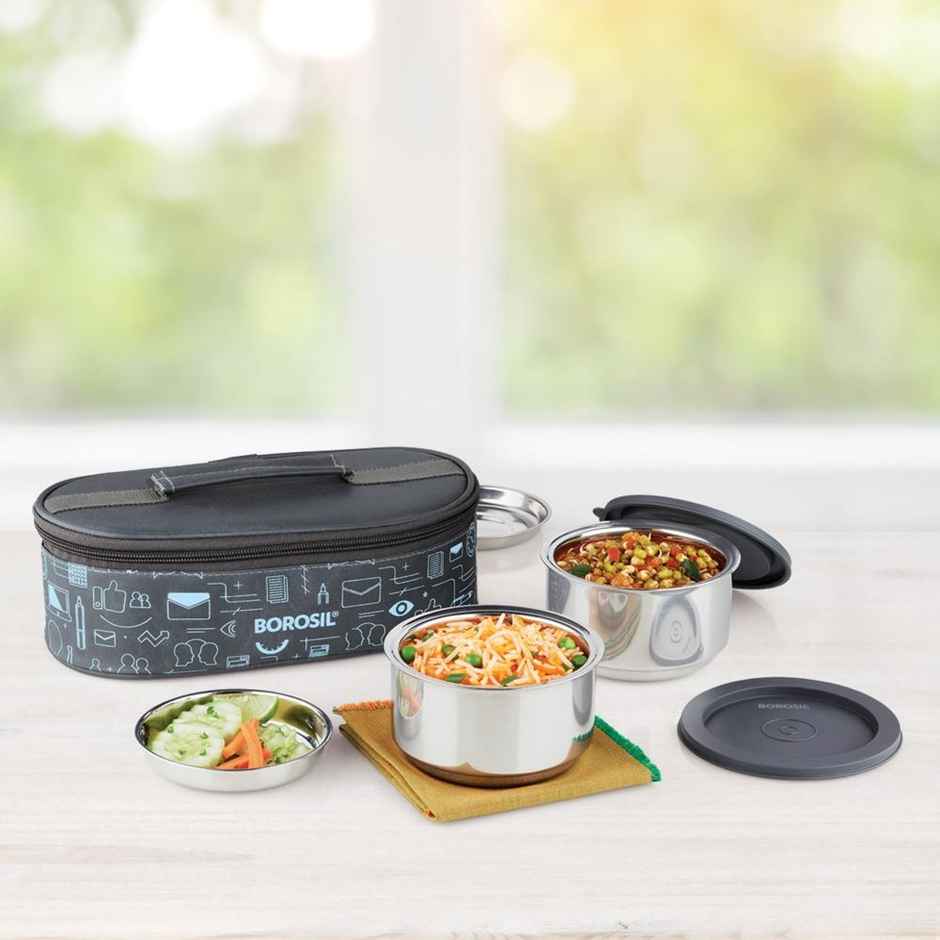 Borosil Carry Fresh Stainless Steel Insulated Lunch Box With Bag (280 ml + 280 ml) - Horizontal
