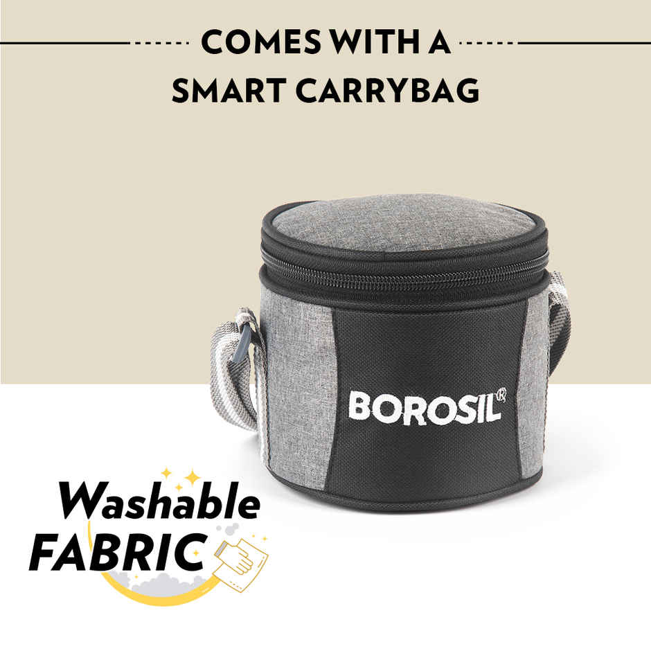 Borosil Feast Stainless Steel Lunchbox with Carry Bag Vertical Tiffin for Office School College