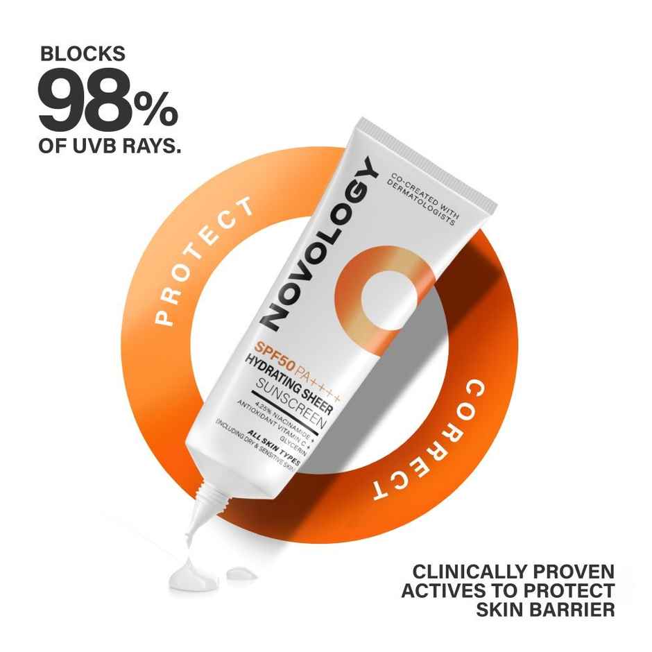 Novology SPF 50 PA++++ Hydrating Sheer Sunscreen | No White Cast Broad Spectrum Protection