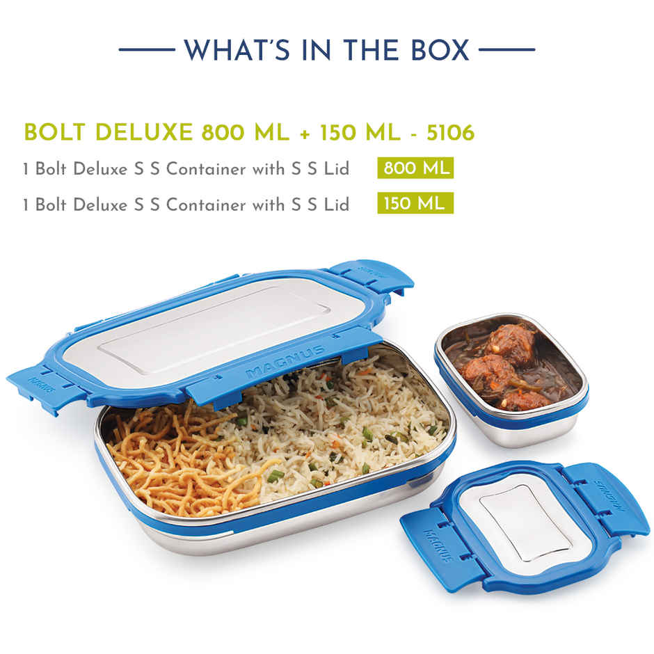 Magnus Bolt Dlx Stainless Steel Lunch Box with Lid for School (800ml + 150ml)