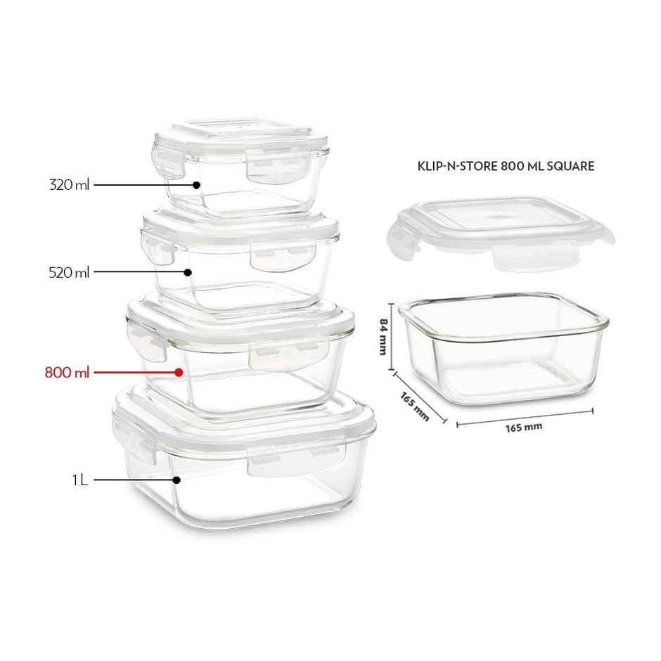 Borosil Klip N Store Storage Container With Airtight Lid (800 ml) | Borosilicate Glass