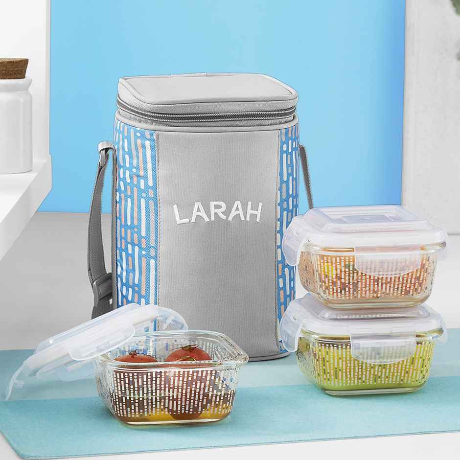 Larah Glassware Vogue Borosilicate Glass Lunchbox 3pc Square Container Set | 320ml | Microwave Safe