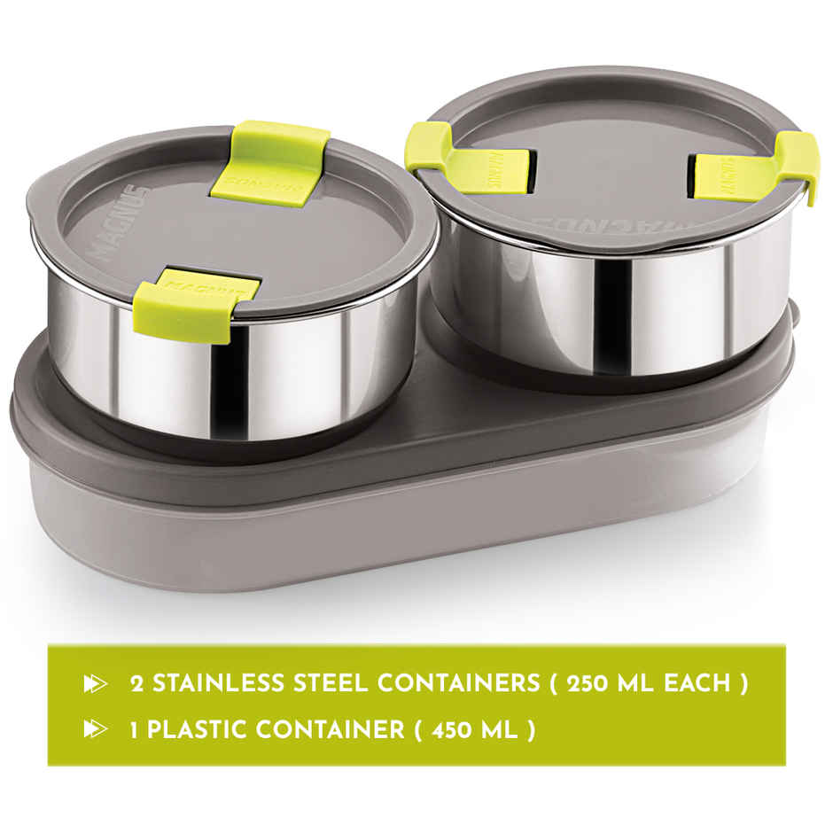 Magnus Olive 3 Lunch Box Set Leak-Proof Steel Containers for School with Insulated Bag (950 ml)